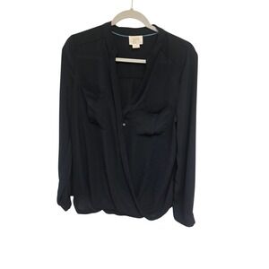 Maeve Anthropologie Black Faux Wrap‎ Long Sleeve Blouse Shirt Size 8